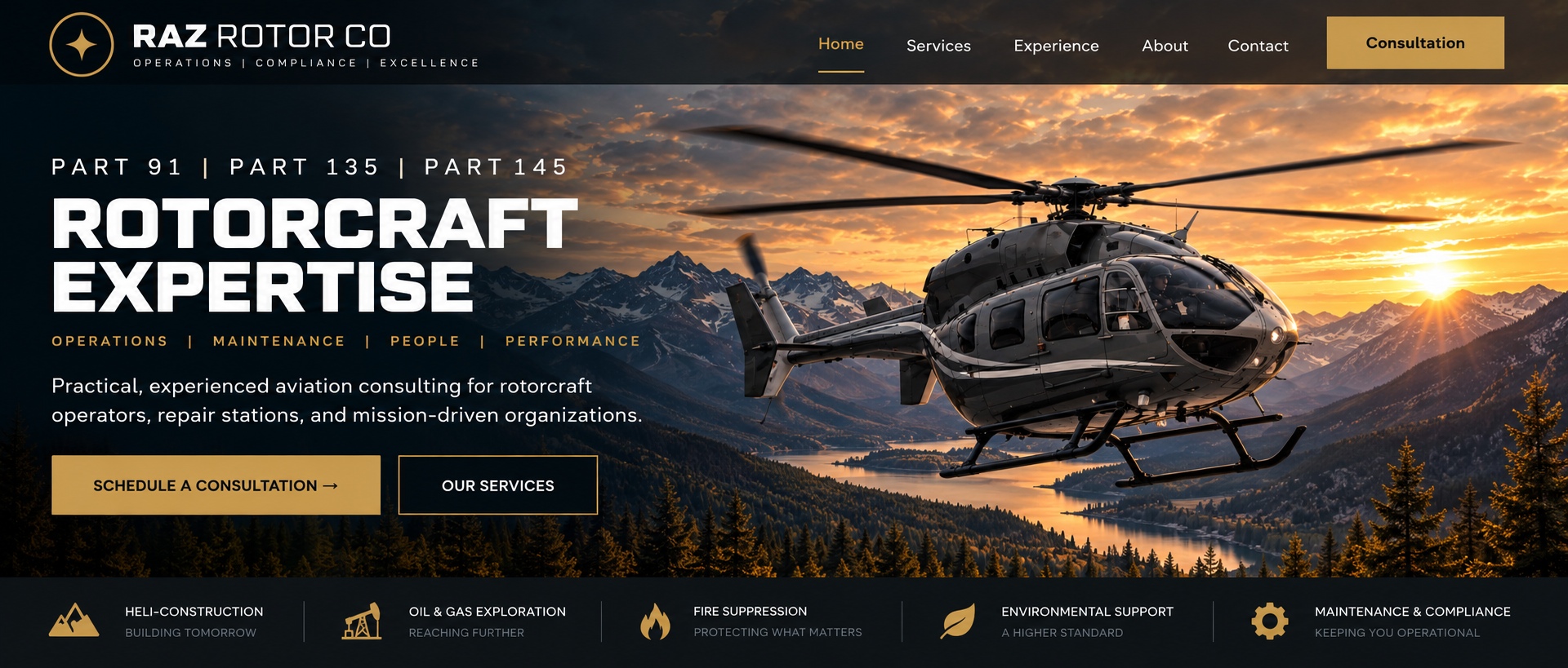 Raz Rotor Co homepage hero featuring rotorcraft consulting branding and helicopter over mountains at sunset